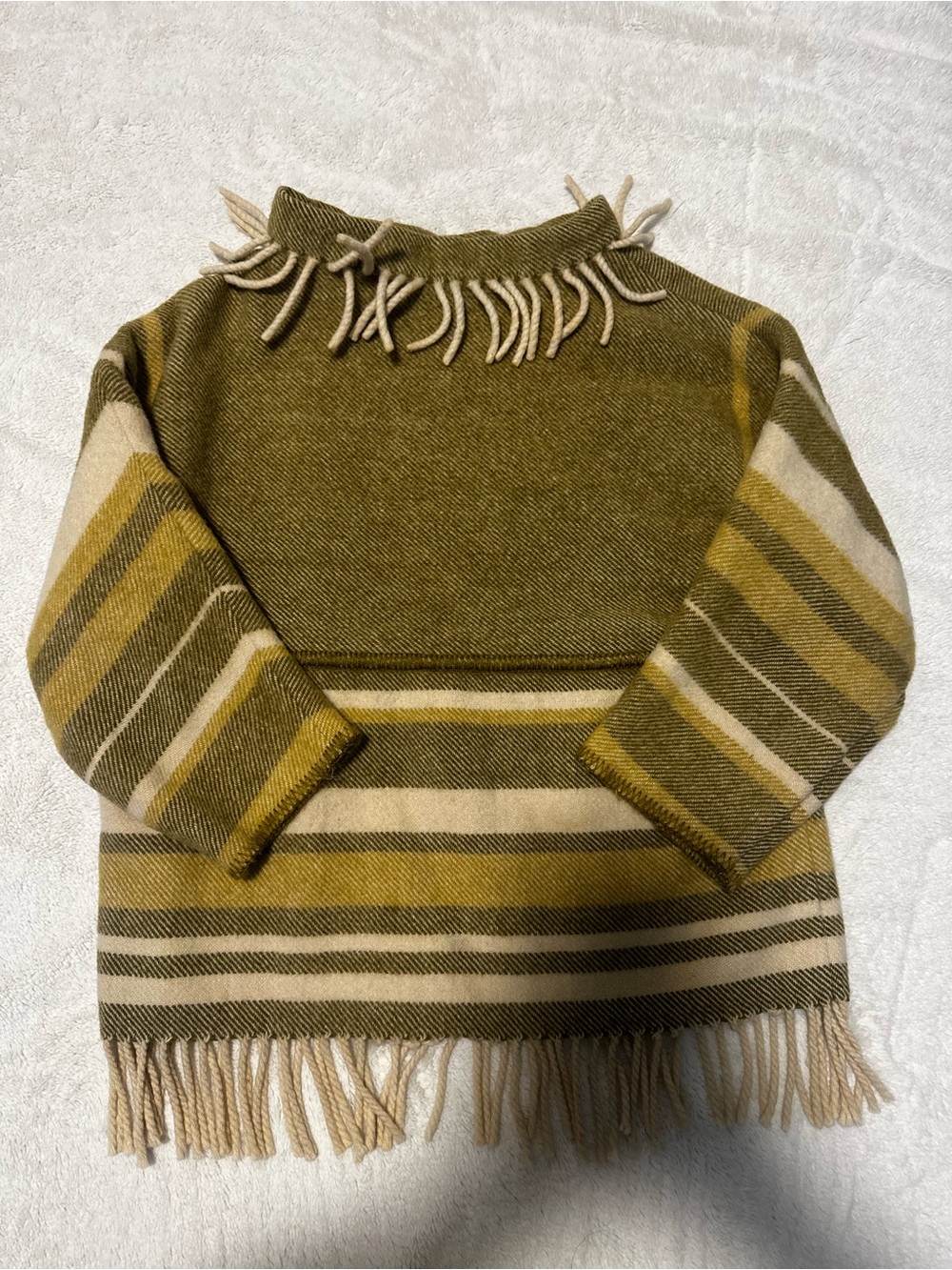 Lapp Lander Vintage Fringe Wool Poncho Sweater Olive Cream